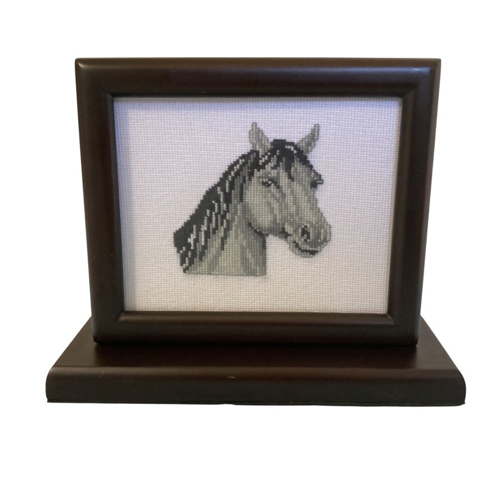 Framed Horse Head Cross Stitch Art In Wooden Stand Pen Pencil Holder